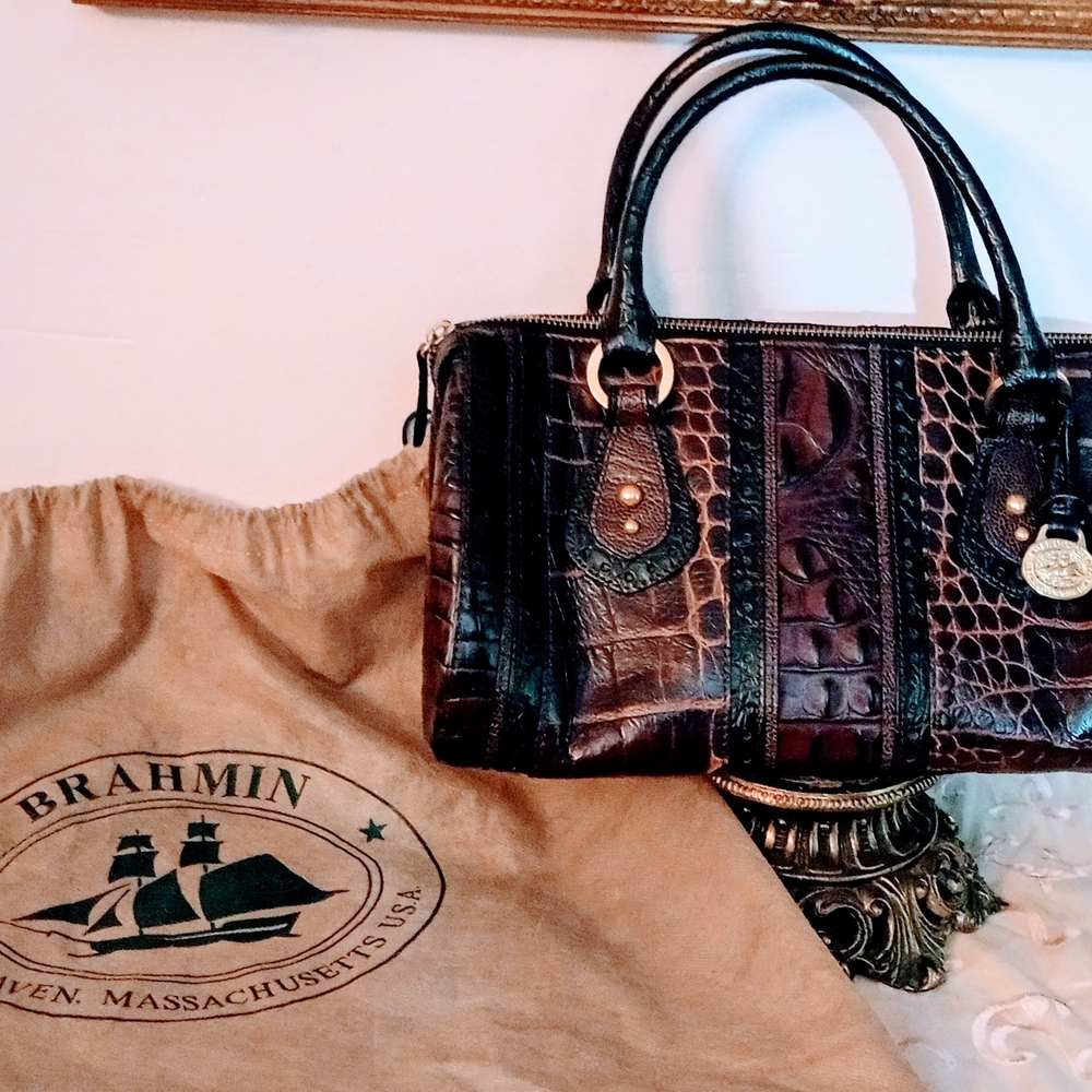 Brahmin Chocolate Croc-Embossed Satchel w/dustbag